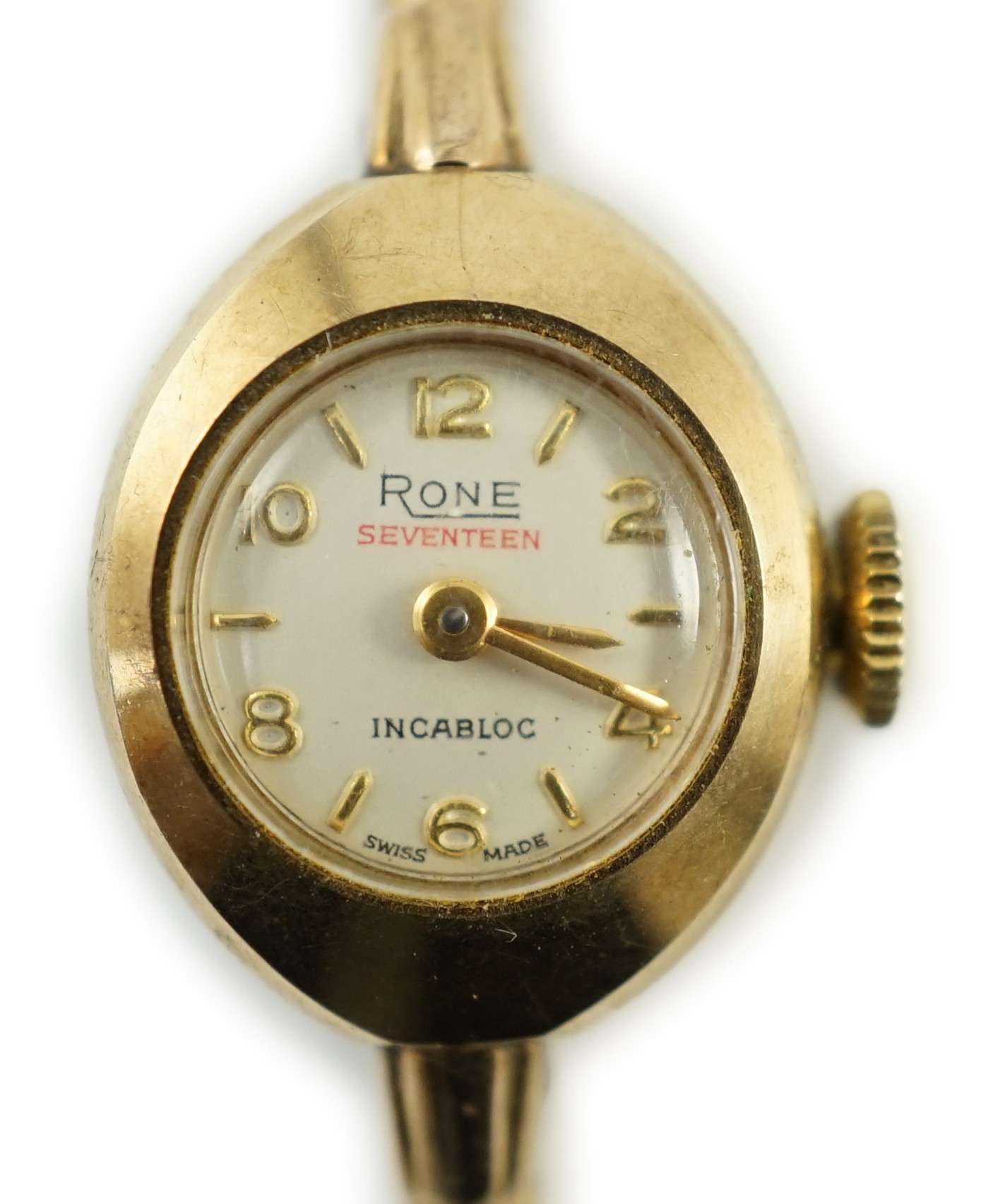 A lady's modern 9ct gold Rone manual wind wrist watch, on a 9ct gold snake link bracelet, overall 16.cm, gross 11.3 grams.